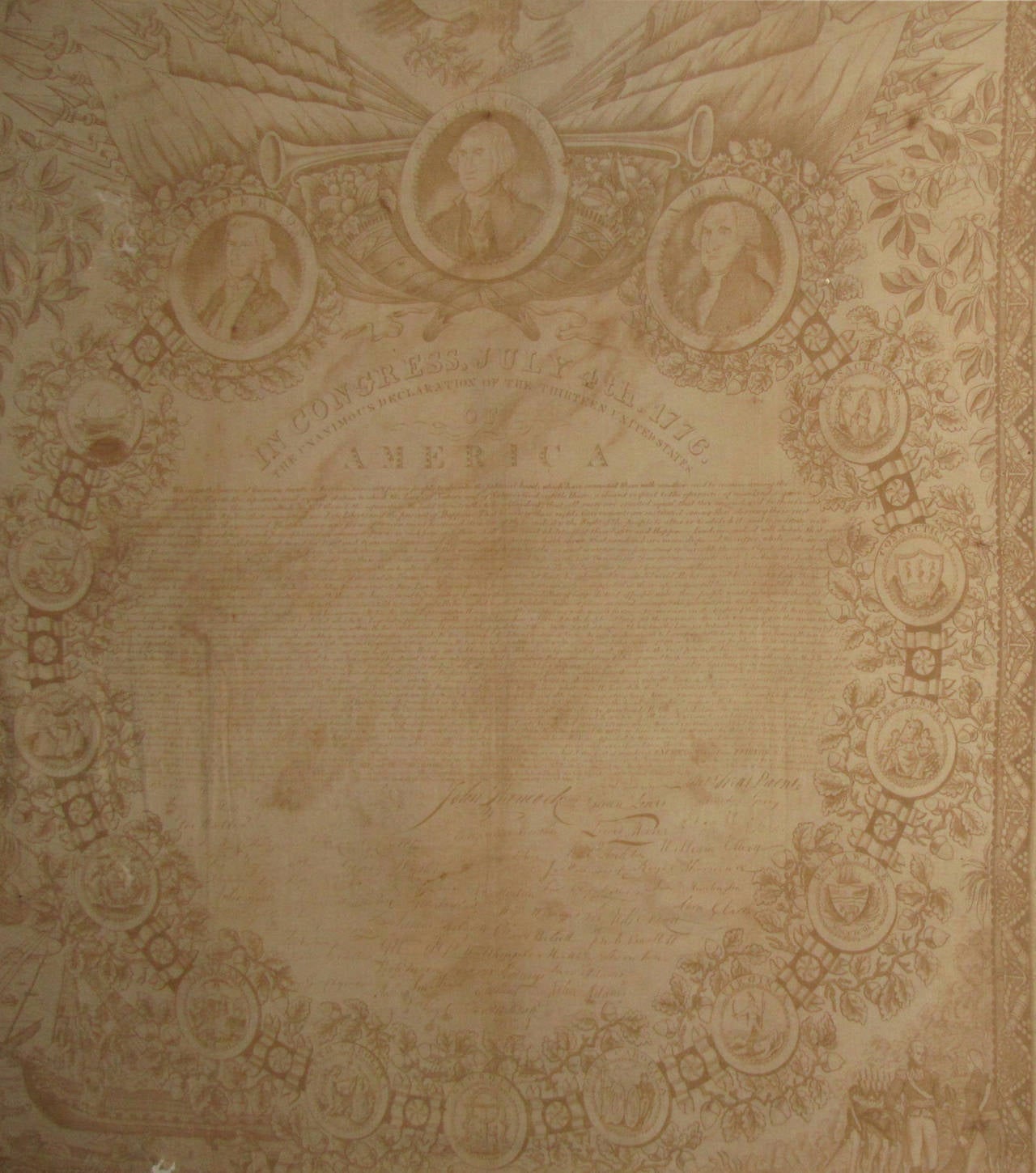 Rare 1819 Elaborate Declaration of Independence Textile with Founding Fathers featured

 Early 1819 Declaration of Independence on cloth with the text and signers signatures filling the center oval of the piece. Surrounded by detailed oval