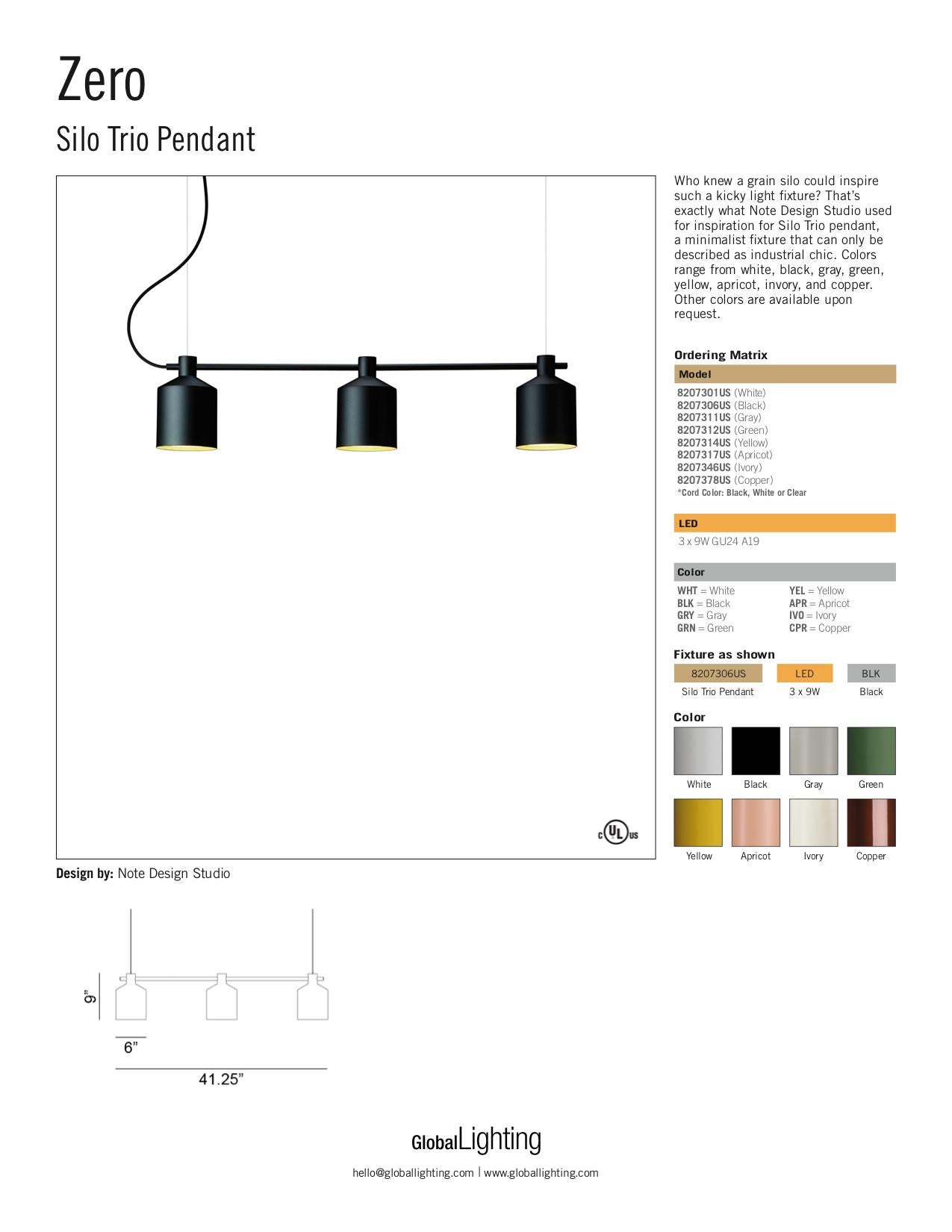 Contemporary Zero Silo Trio LED Pendant in Black by Note Design Studio, 1stdibs New York For Sale