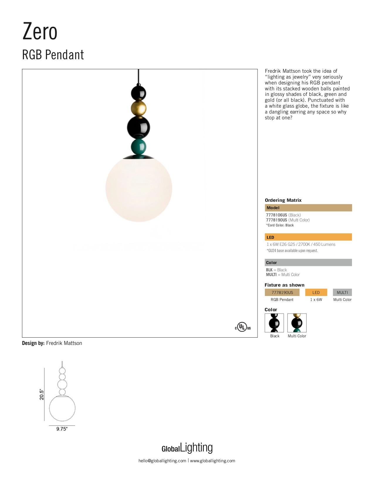 Swedish Zero RGB Pendant in Black by Fredrik Mattson, New York For Sale