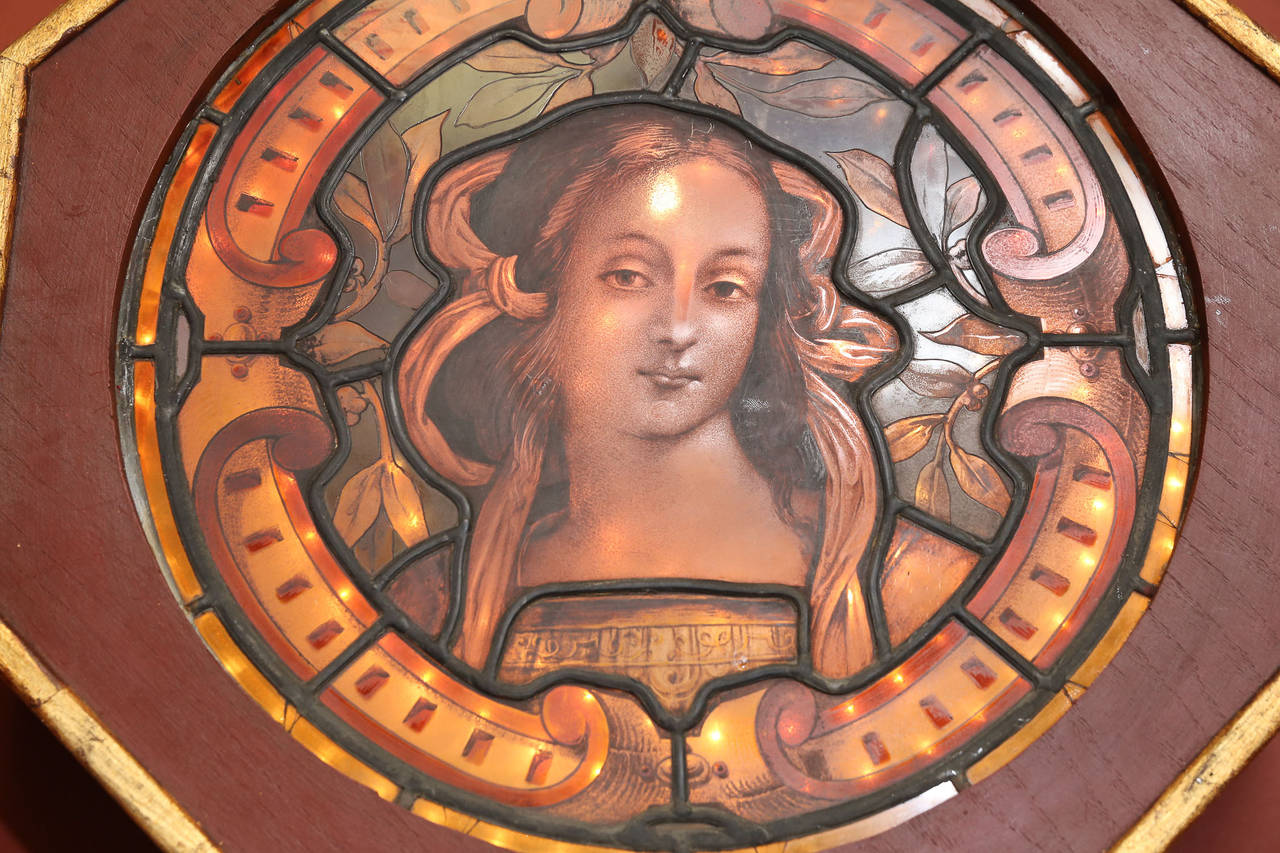 18th Century Stained Glass with Lady from Estate in Burgundy In Good Condition For Sale In Houston, TX