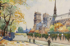 19th c. watercolor of Notre Dame in Paris France