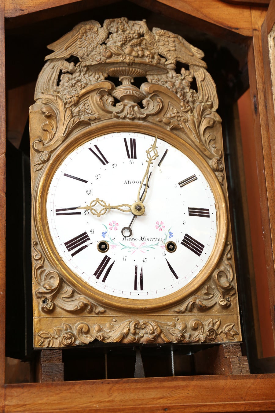 Tall Case Morbier Case Clock in Walnut In Good Condition For Sale In Houston, TX