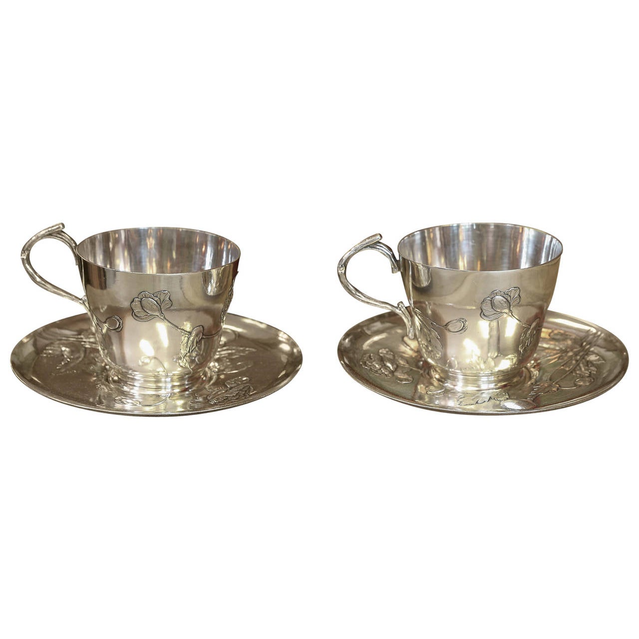 Pair of "Gallia" Art Nouveau Silverplated Cups and Saucers For Sale