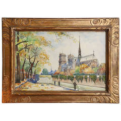 19th c. watercolor of Notre Dame in Paris France