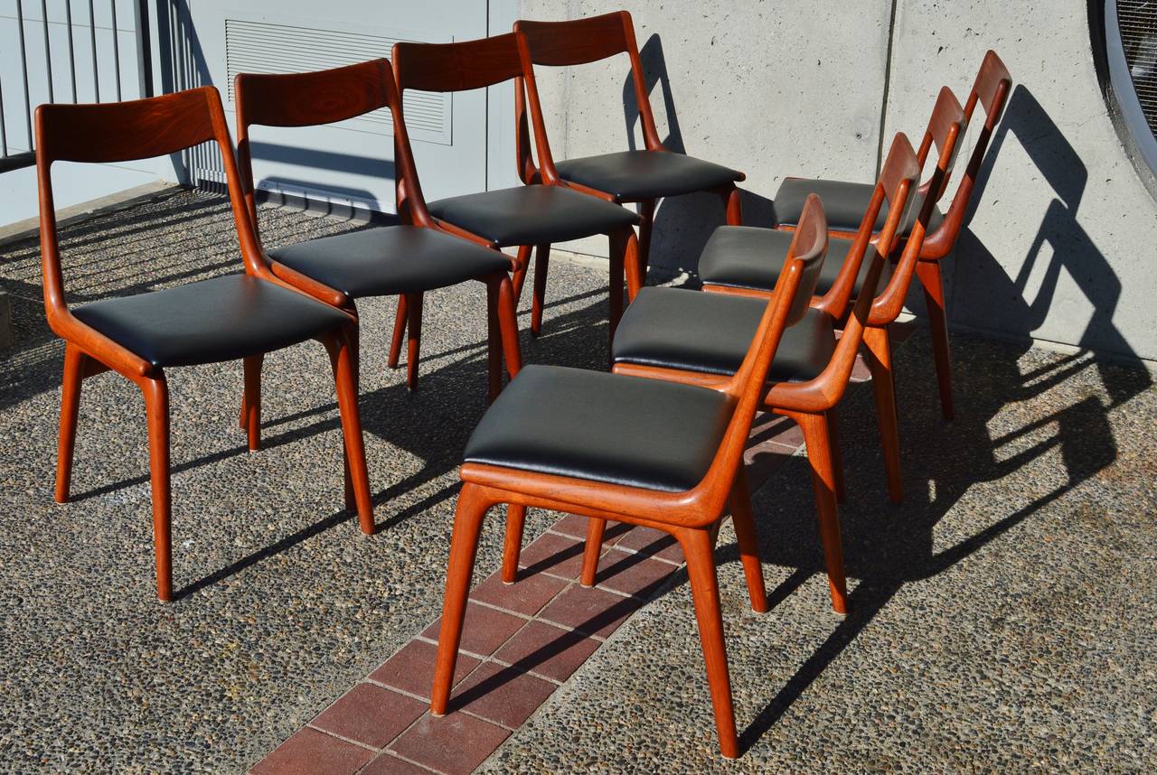 Fabric Set of Eight Restored Erik Christensen Teak Boomerang Dining Chairs