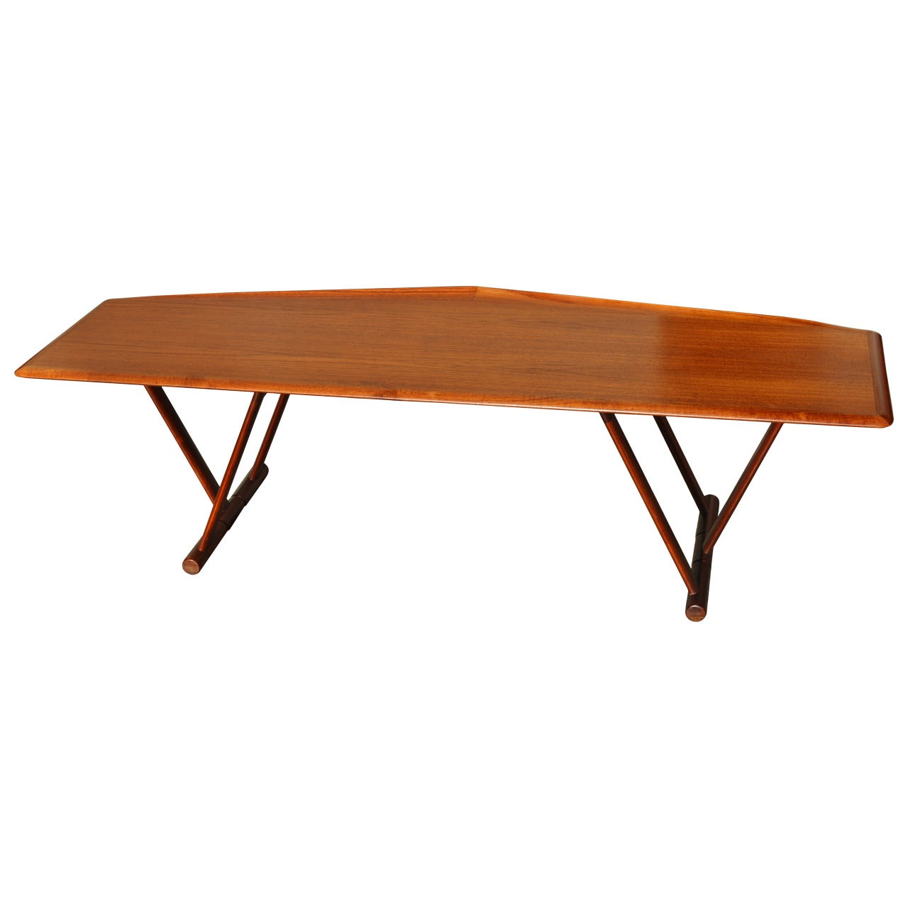Teak Trapezoidal Coffee Table with Flared Lip and V-Leg Base
