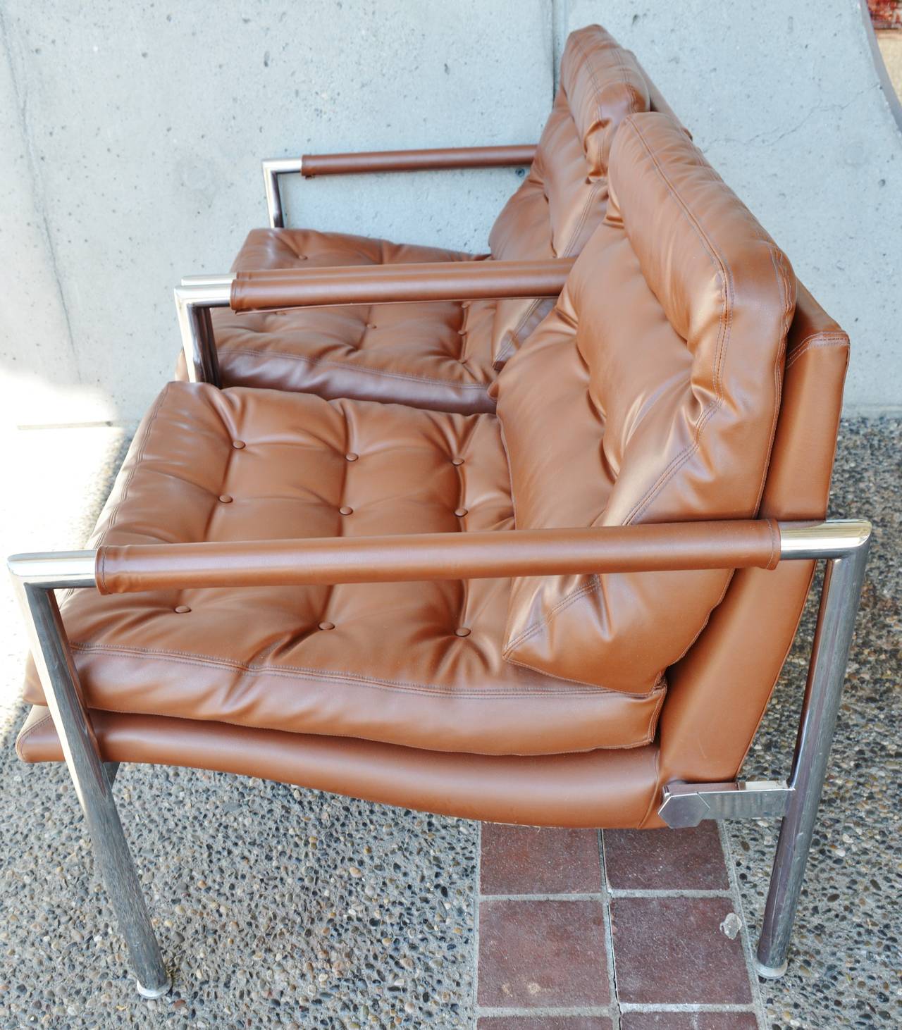 Mid-Century Modern Chrome and Button-Tufted Vinyl Lounge Chairs by Harvey Probber For Sale