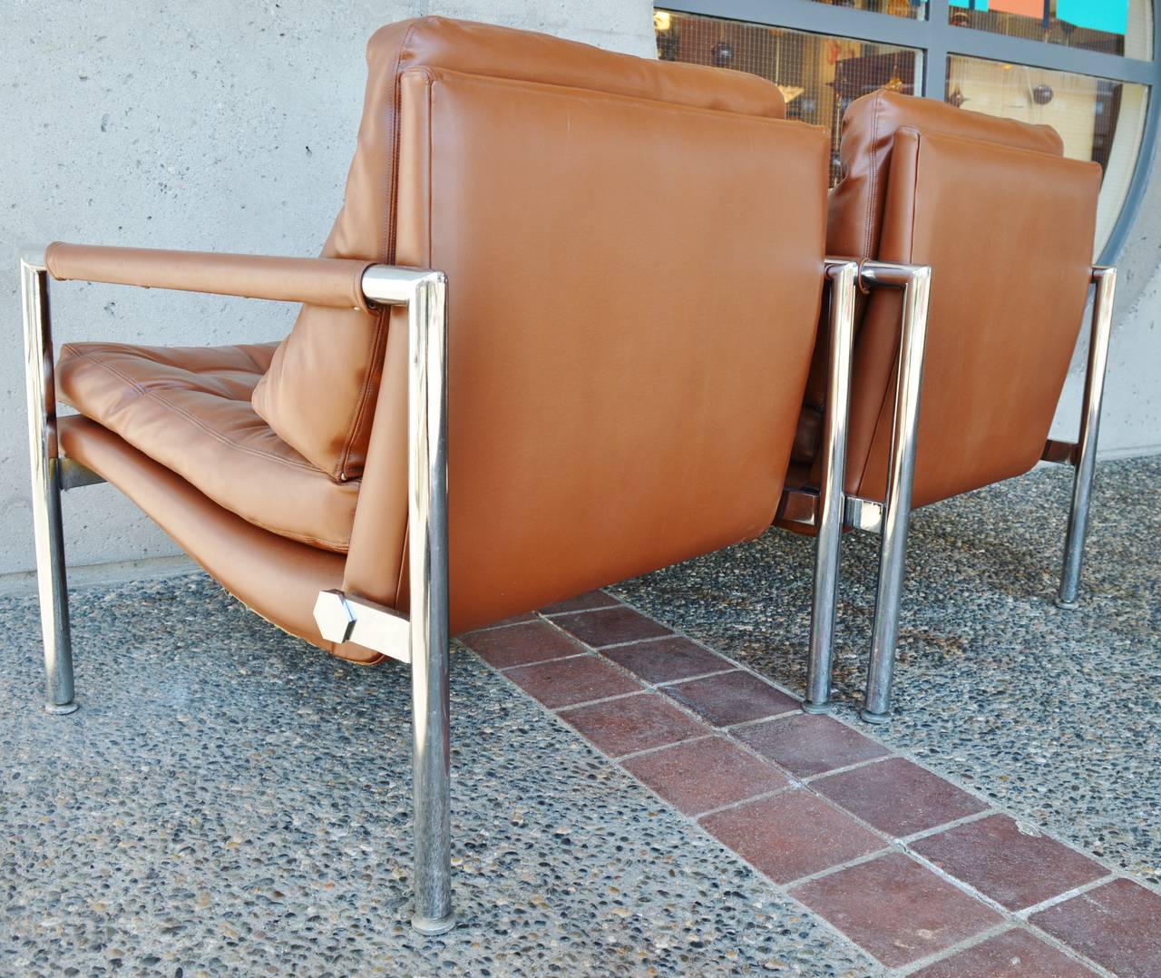 Chrome and Button-Tufted Vinyl Lounge Chairs by Harvey Probber In Good Condition For Sale In New Westminster, British Columbia