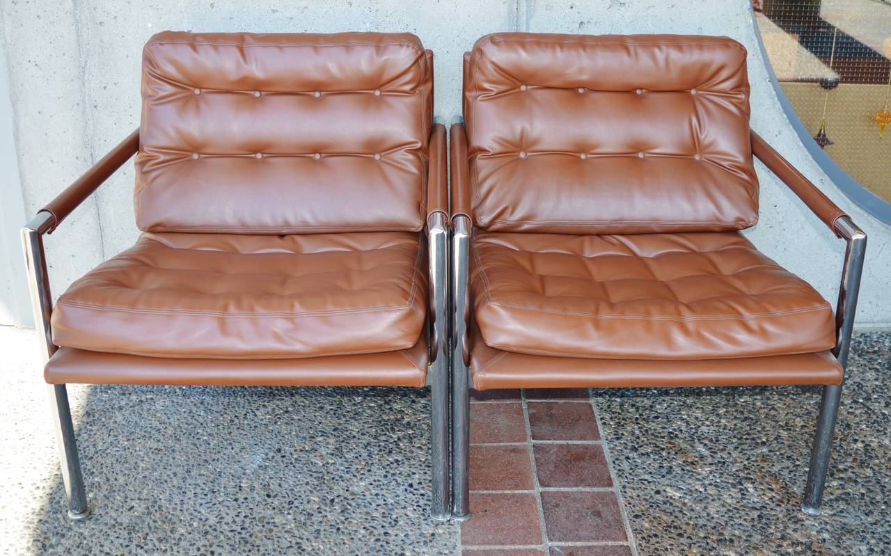 20th Century Chrome and Button-Tufted Vinyl Lounge Chairs by Harvey Probber For Sale