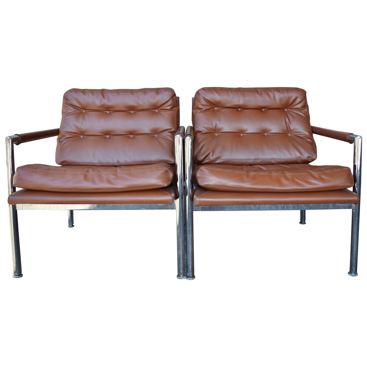 Chrome and Button-Tufted Vinyl Lounge Chairs by Harvey Probber For Sale