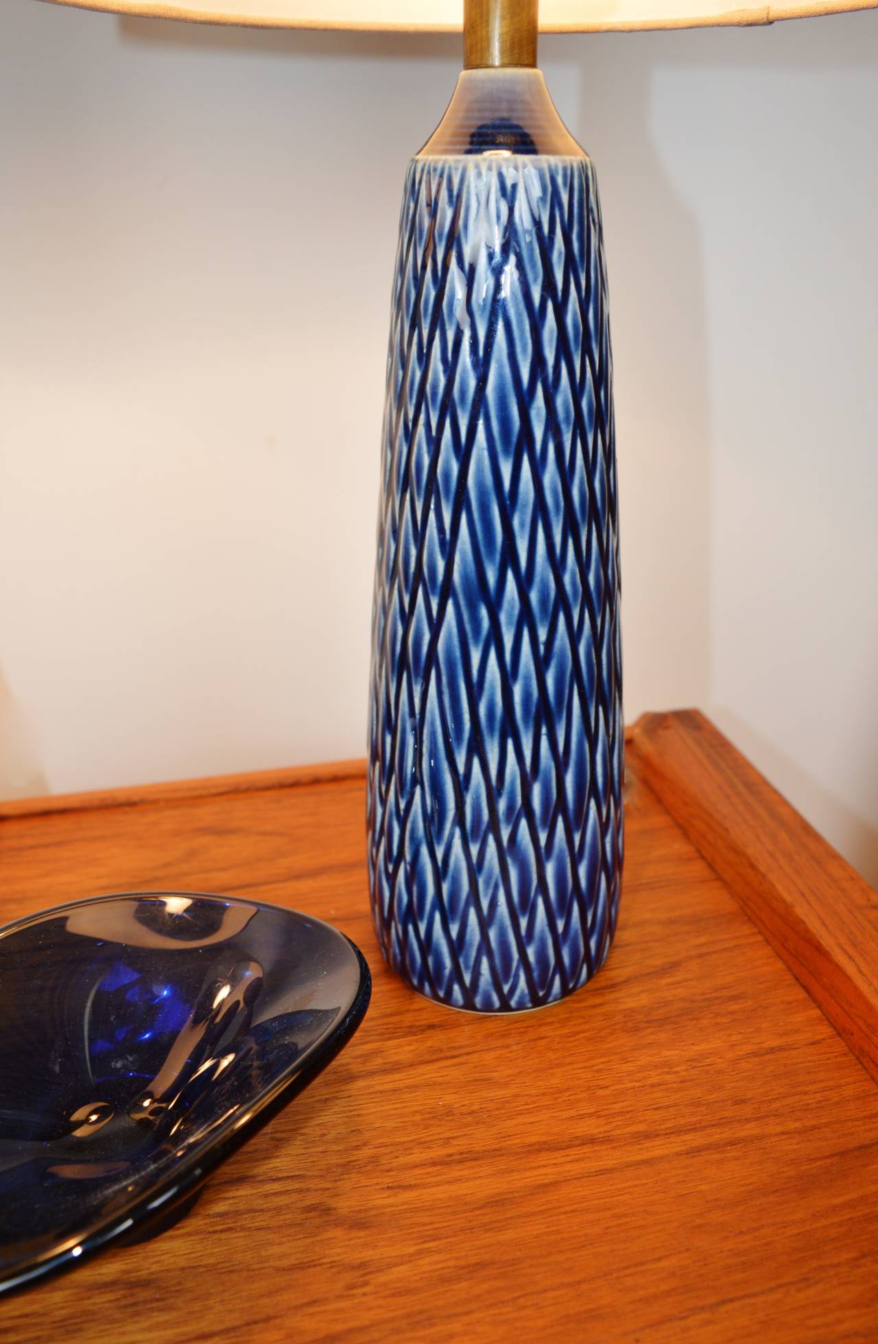 Canadian Rare Pair of Danish Modern Textured Ceramic Lotte Lamps in Cobalt Blue