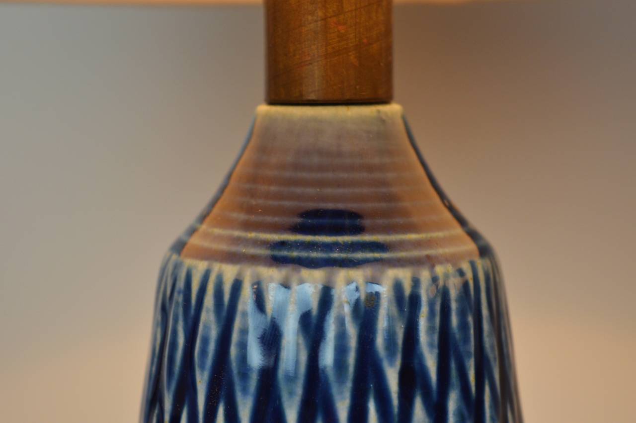 Brass Rare Pair of Danish Modern Textured Ceramic Lotte Lamps in Cobalt Blue