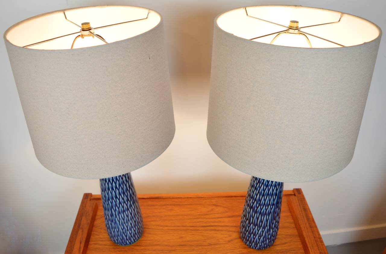 Hand-Crafted Rare Pair of Danish Modern Textured Ceramic Lotte Lamps in Cobalt Blue