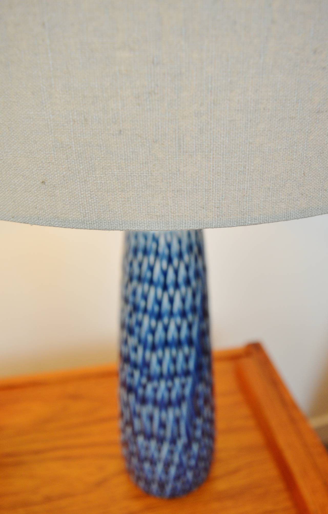 20th Century Rare Pair of Danish Modern Textured Ceramic Lotte Lamps in Cobalt Blue