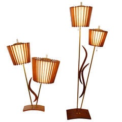 Pair of Mid-Century Modern Walnut, Teak, and Brass Double-Headed Lamps