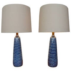 Rare Pair of Danish Modern Textured Ceramic Lotte Lamps in Cobalt Blue