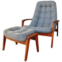 Vintage Danish Modern Style Teak Button-Tufted Lounge Chair & Ottoman