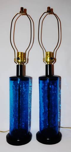 Pair of Blue Craquelle Glass Blenko Lamps