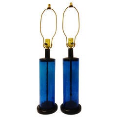Pair of Blue Craquelle Glass Blenko Lamps