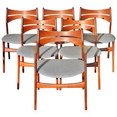 Set Six Danish Teak Erik Buck Dining Chairs, Five Side Chairs and One Head Chair