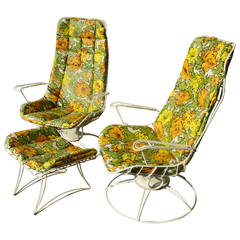 Retro Rare Pair Homecrest Rocking Lounge Chairs & Ottoman w/ Original Cushions