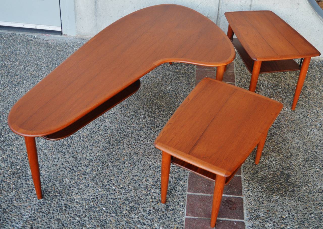 Scandinavian Modern Teak Boomerang Coffee Table & Matching Pair of Side Tables