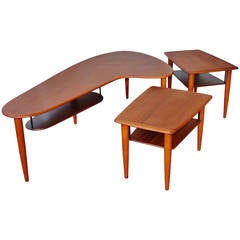 Teak Boomerang Coffee Table & Matching Pair of Side Tables