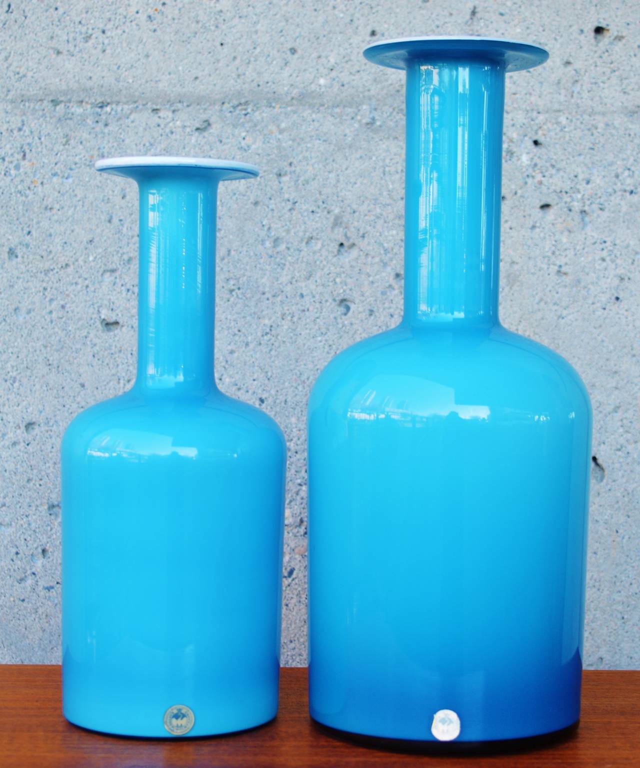Pair Turquoise Glass Gull Vases with Rare Finial, Otto Brauer