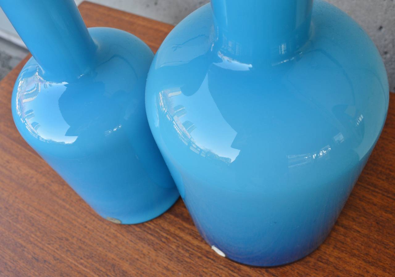 Pair Turquoise Glass Gull Vases with Rare Finial, Otto Brauer-Holmegaard 1