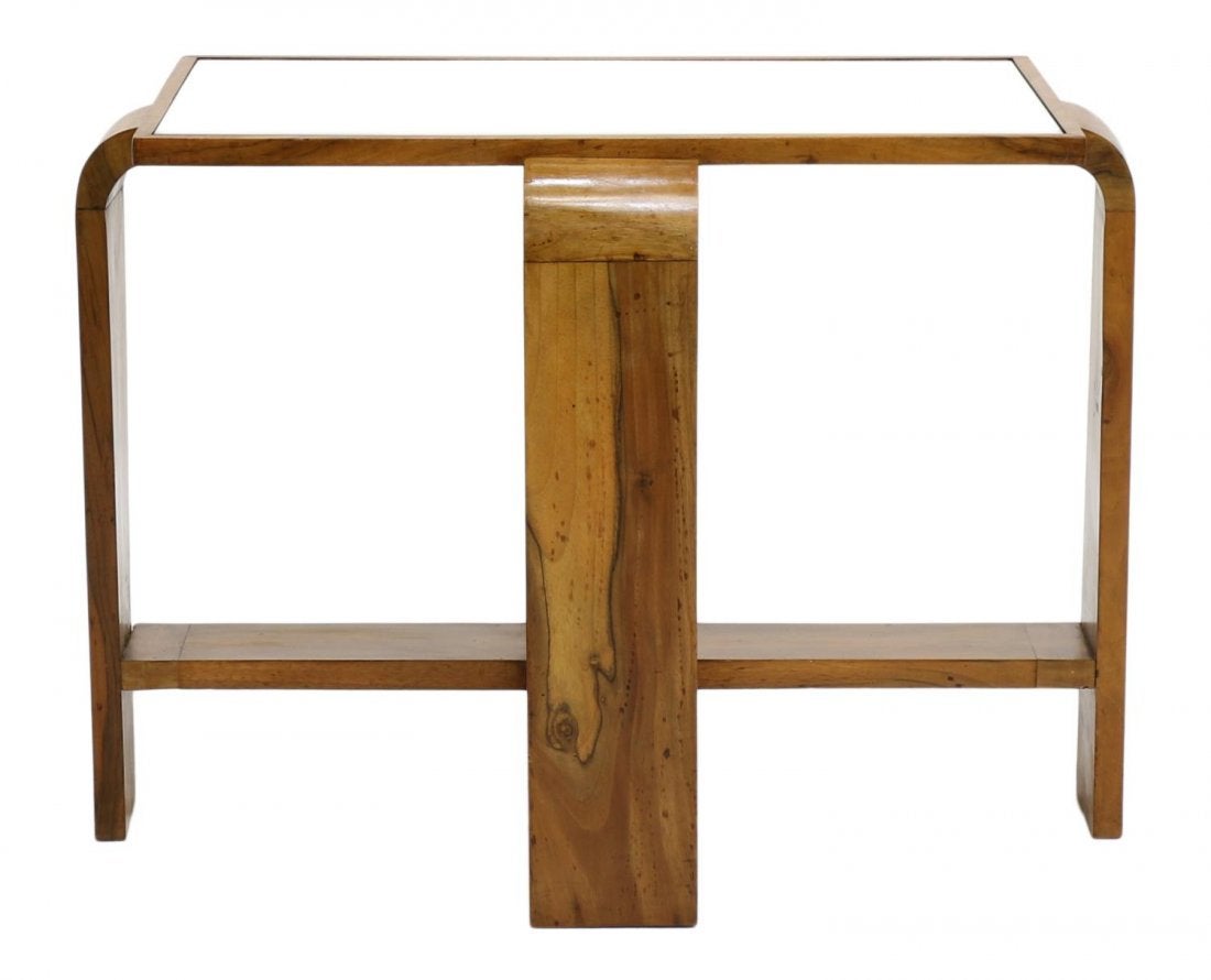 Italian side table with a figured walnut frame enclosing a glass top.