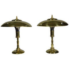 Used Pair of Machine Age Polished Brass Lamps