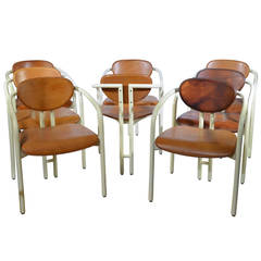 8 Wooden Lacquered Chairs from 1970s Natural Heavy Thick Leather Color Patina