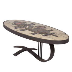 1960 French Coffee Table in Tile and Steel, Signed Barrois