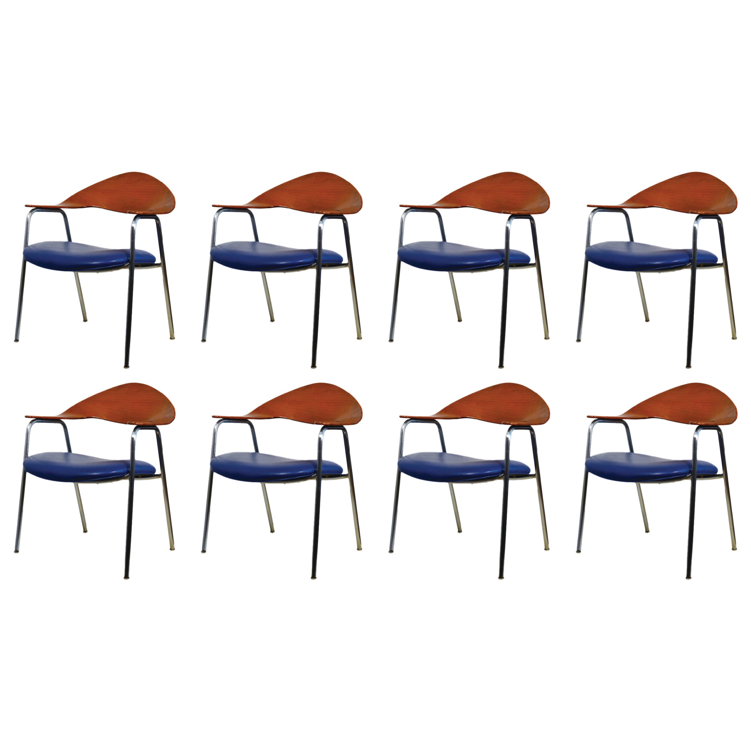 Set of Eight Design Chairs from 1960s Wood and Steel For Sale