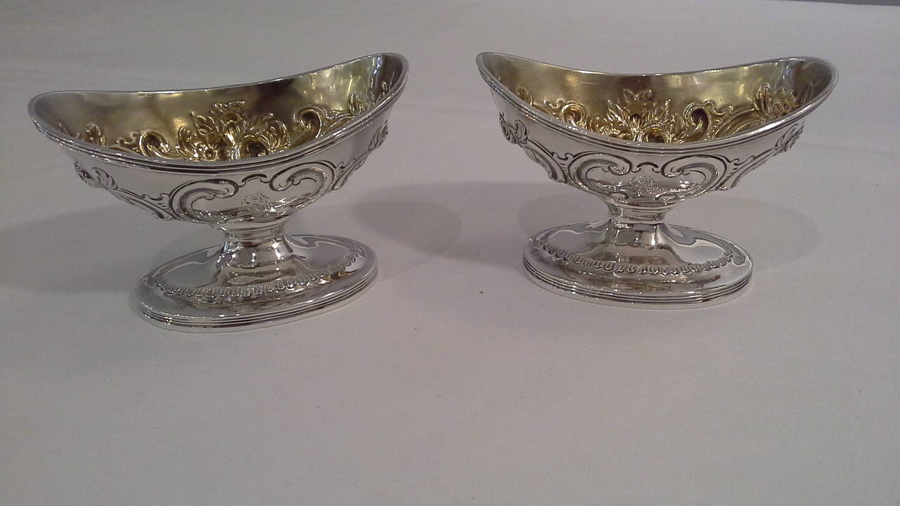 Pair of Georgian Silver and Gilt Open Salts in a Navette form, London 1805. Maker hallmarks for Abstainando King, London, 1805. Nicely enagraved and decorated with a gilt interior bowl. Weight is 153 grams.