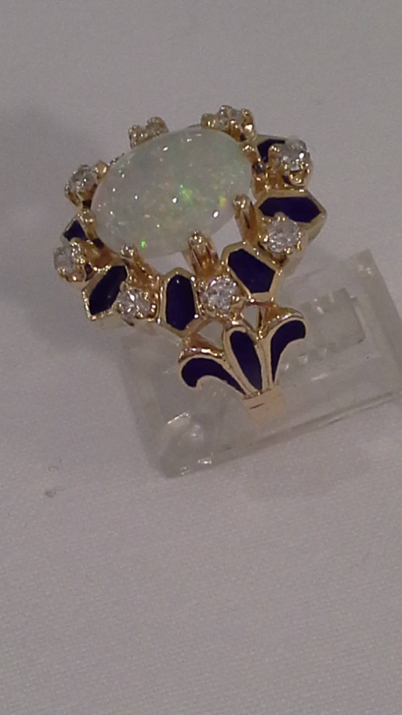 Modern 14k Gold, Opal, Diamond and Enamel Cocktail Ring