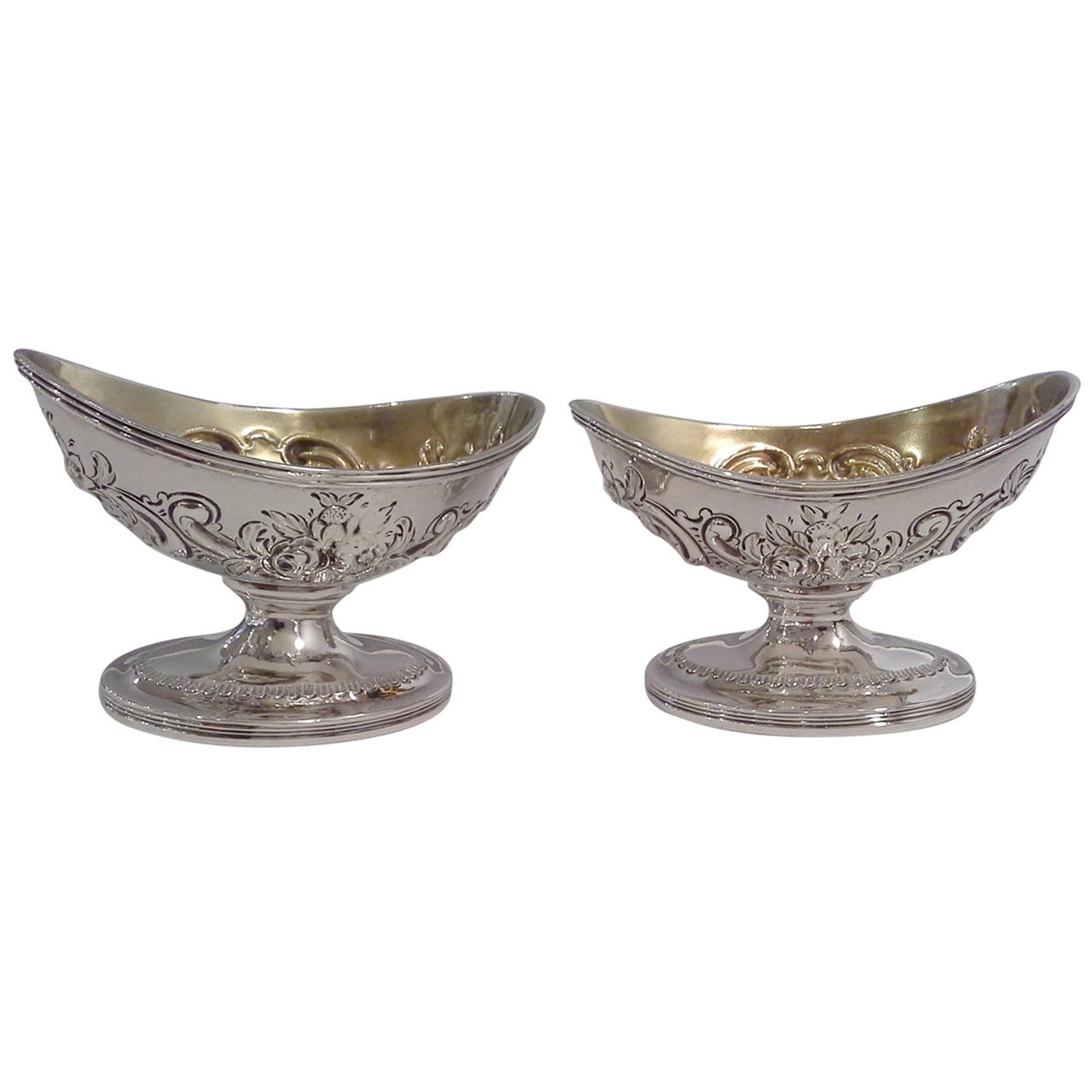 Pair of Georgian Silver and Gilt Open Salts in a Navette Form, London 1805