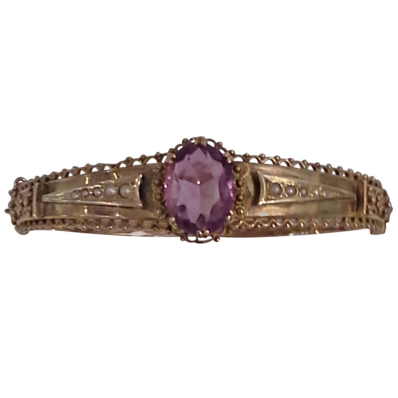 Victorian Amethyst and Seed Pearl Bangle or Bracelet 9k Gold, Stamped .375