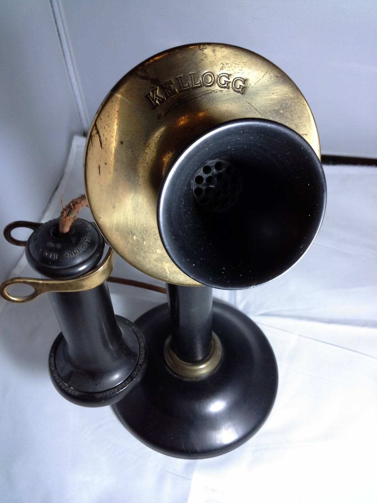 Kellogg Chicago Brass & Bakelite Candlestick Telephone, Patented 1901, All Original including handset wire, Marked on the top brass mouth piece section, The telephone measures 11