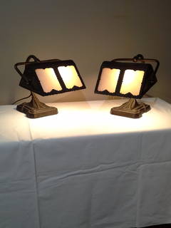 Matched Pair of Cast Iron Slag Glass Desk Lamps, American circa 1930s