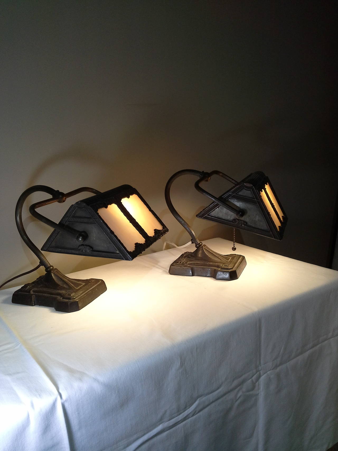 Arts and Crafts Matched Pair of Cast Iron Slag Glass Desk Lamps, American circa 1930s