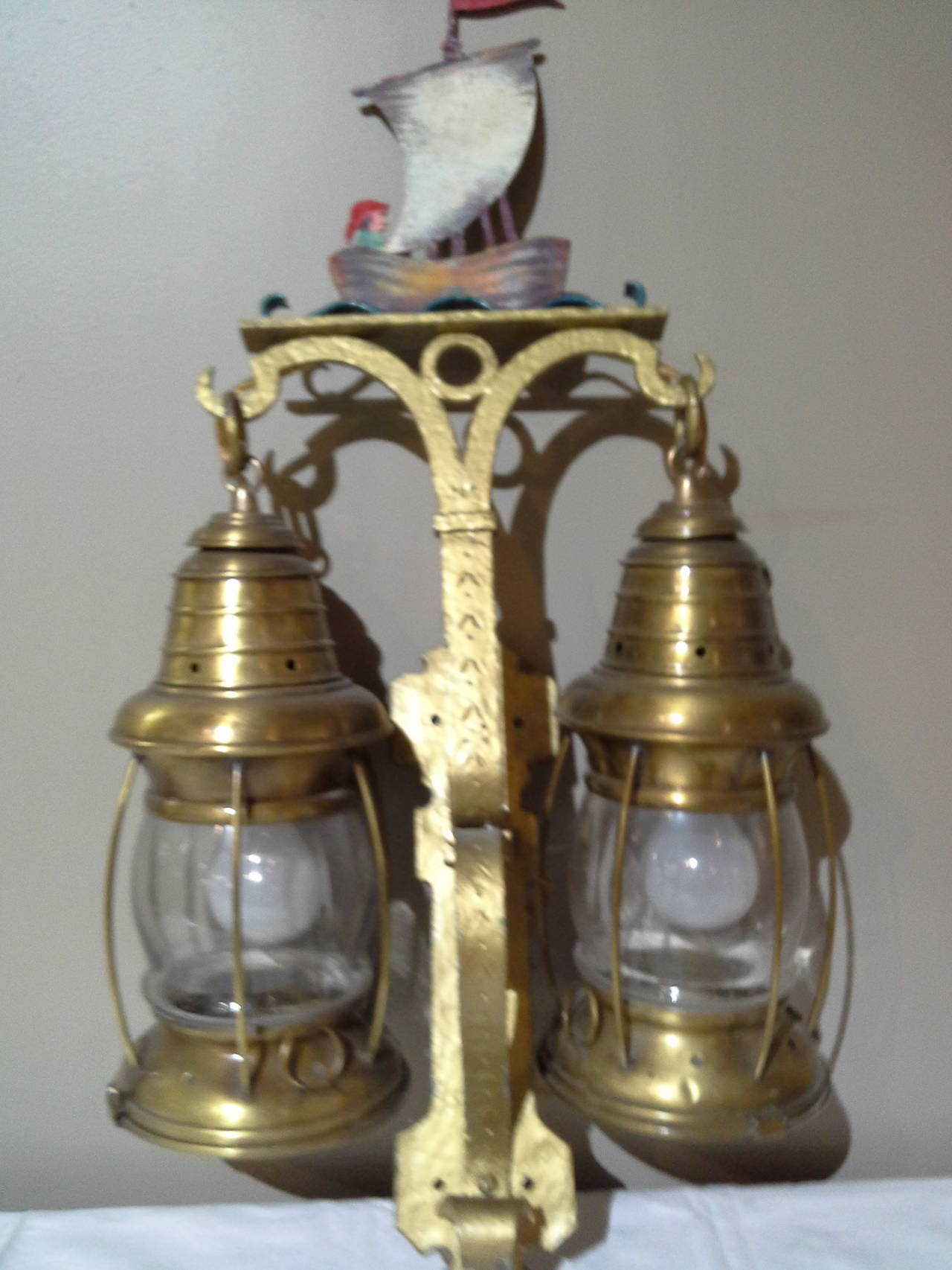 Arts and Crafts Nautical Lantern Cast Iron Wall Sconces with Sailboat Painted Tops