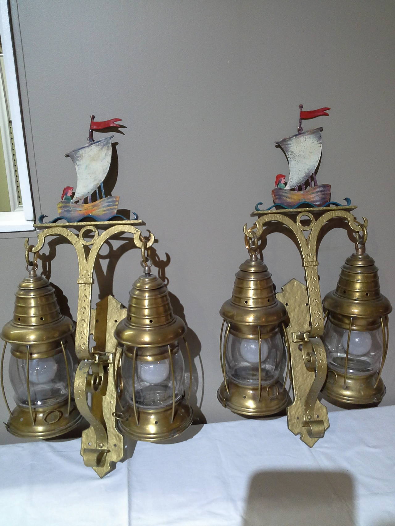 North American Nautical Lantern Cast Iron Wall Sconces with Sailboat Painted Tops