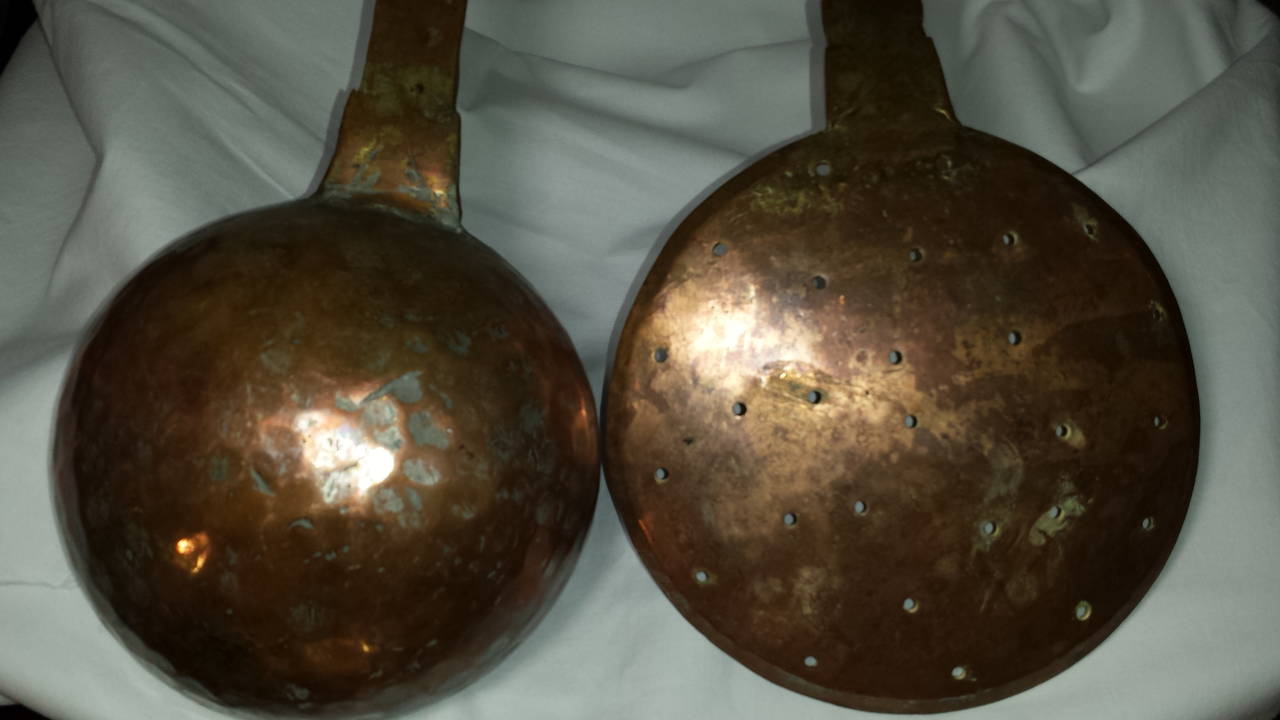 European Pair of Large Copper Cooking Utensils Ladle and Strainer for Fire Place