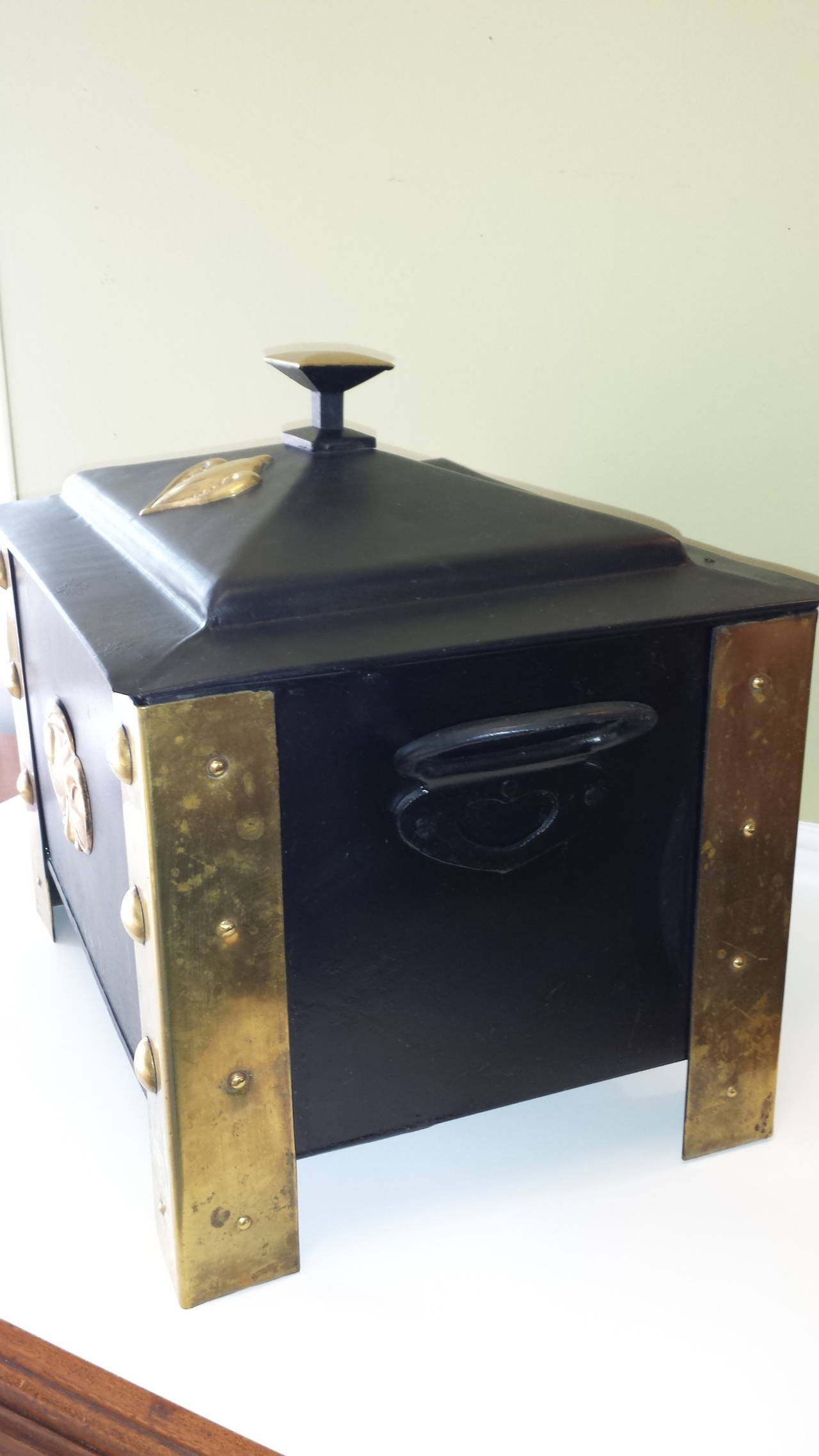 Arts & Crafts Style Wood or Ash Box in Brass and Steel with Liner