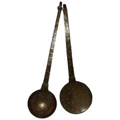 Pair of Large Copper Cooking Utensils Ladle and Strainer for Fire Place