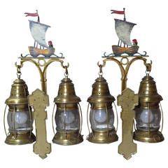 Retro Nautical Lantern Cast Iron Wall Sconces with Sailboat Painted Tops