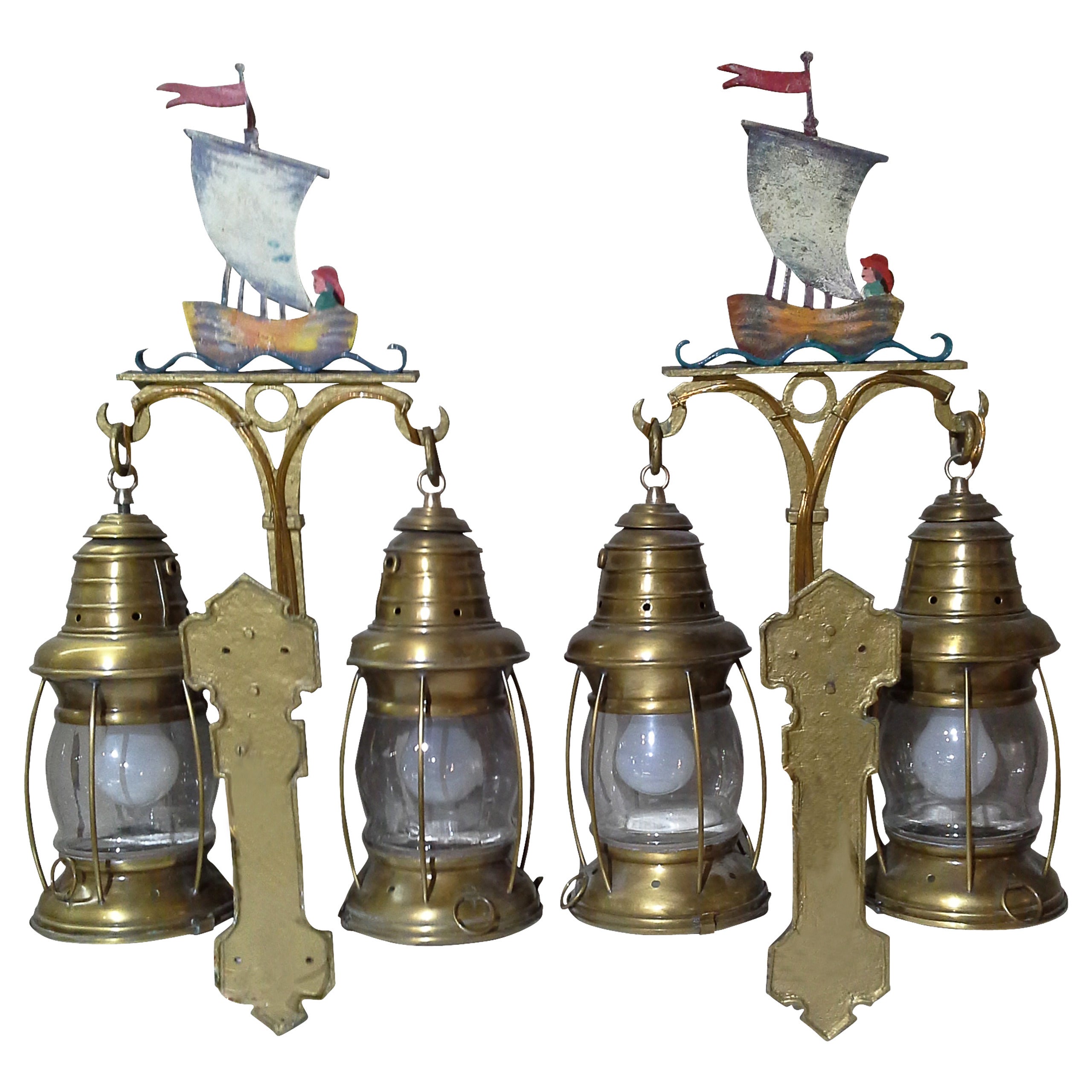 Nautical Lantern Cast Iron Wall Sconces with Sailboat Painted Tops