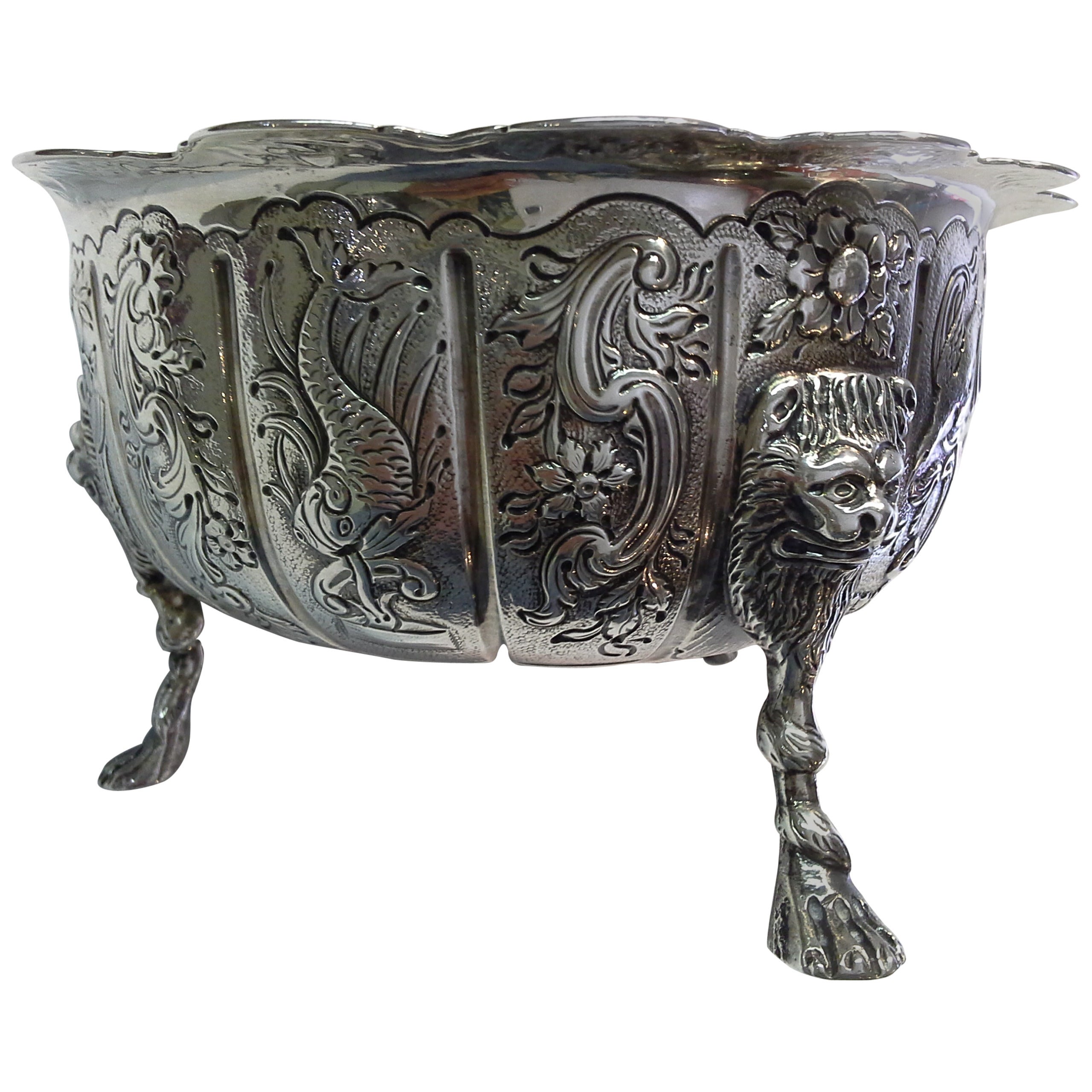 Irish Sterling Silver Bowl with Cranes, Mythical Fish and Lion
s Head Feet