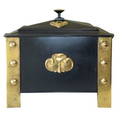 Antique Arts & Crafts Style Wood or Ash Box in Brass and Steel with Liner